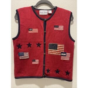 Vintage Sharon Young Knit Best Large July 4th Embroidered Flags Metal Buttons